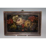 (XVII-XVIII). Continental still life study of flowers, unsigned, oil on metal, framed, 10 x 18 cm