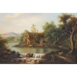 (XX). English school, wooded river landscape with farmstead, mountains and buildings beyond,