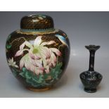 A 20TH CENTURY CLOISONNE LIDDED TEMPLE JAR, decorated with bids and flowers, H 21 cm, Dia. 17 cm,