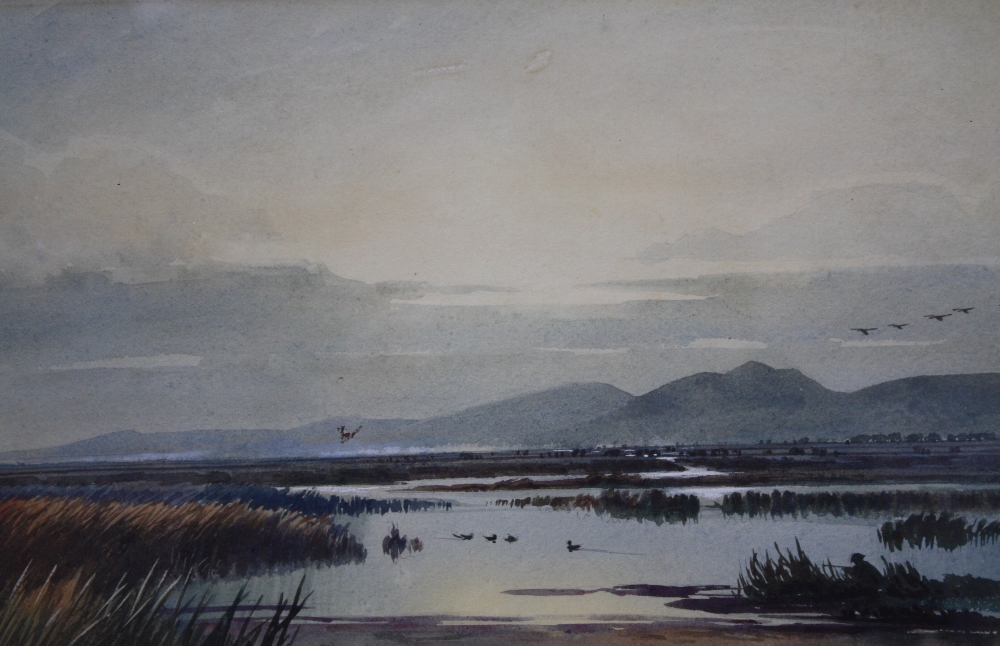 HENRY HUGHES RICHARDSON (b.1920). Marshland scene at twilight with ducks and hunter, mountains