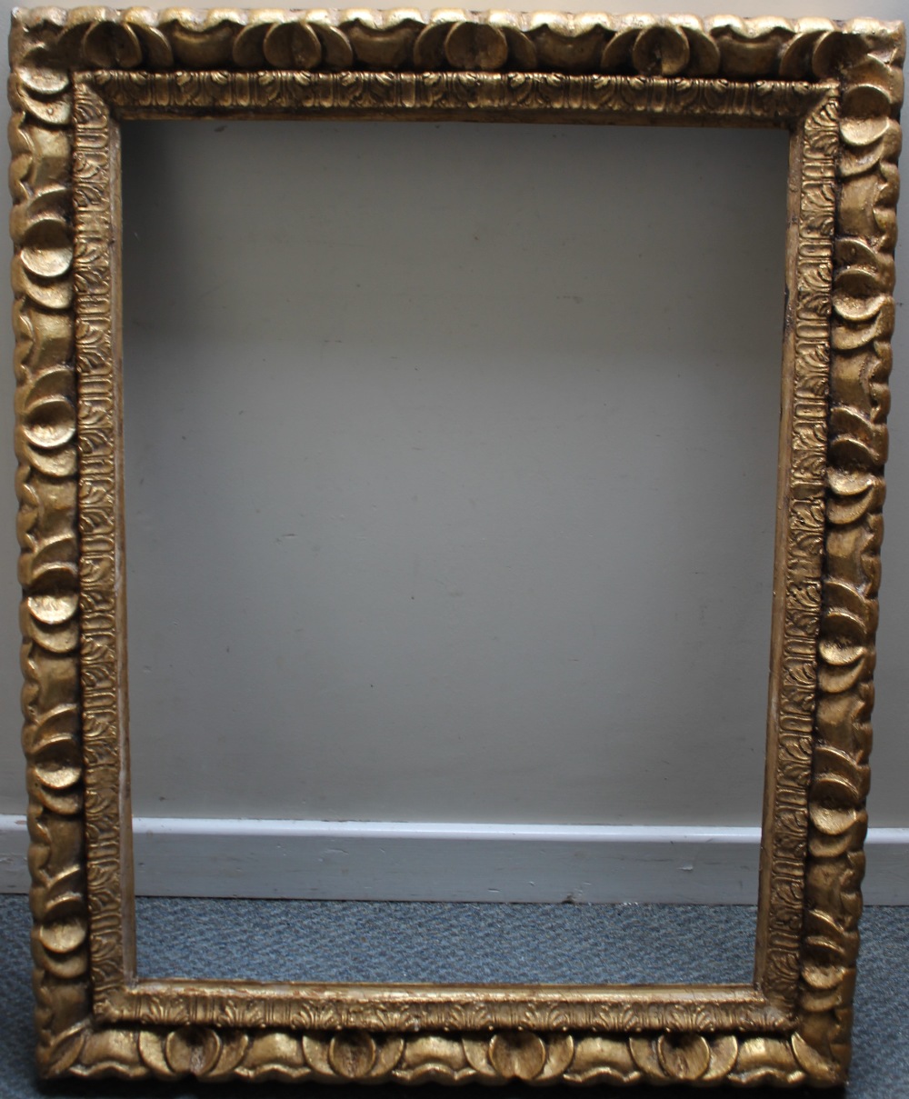 A 19TH CENTURY STYLE CARVED WOODEN GOLD FRAME, rebate 80 x 60 cm, width of frame 9 cm - Image 2 of 3