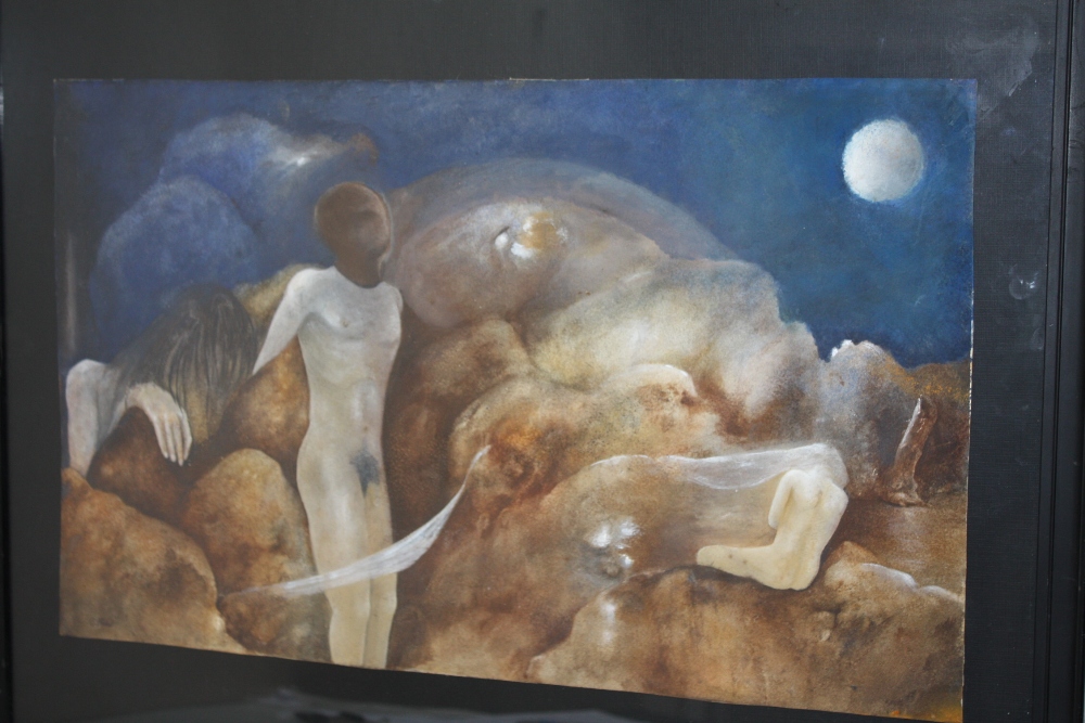 C. FINN (XX). Modernist study of male and female nudes in a landscape, signed lower left, gouache on - Image 2 of 3