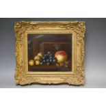 (XX). Still life study of a box, books and fruit on a table, unsigned, oil on copper, framed, 22 x