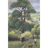 WACKRILL. Modern British school, wooded landscape with figure with shotgun and dog, farmstead in