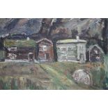 IMPRESSIONIST STUDY OF COTTAGES WITH HILLS IN BACKGROUND, indistinctly signed and dated 1945 upper