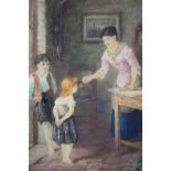 DRUMMOND (XIX-XX). Coastal cottage interior with mother and children in kitchen, signed on table