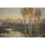 J.JONES (XX). Wooded river landscape at sunset, farm buildings in background, signed lower right,