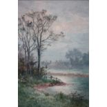 G.B. (XX). Wooded river landscape with village in background, signed with monogram lower right,