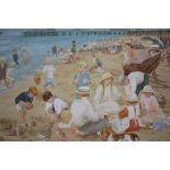 TERRELL. Modern British school, beach scene with numerous figures and pier in background, signed