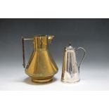 A CHRISTOPHER DRESSER TYPE BRASS JUG, stamped HF&Co to base, together with a WAS Benson water jug, H