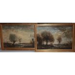 (XIX-XX). French school, a pair of impressionist stormy wooded river landscapes with figures and