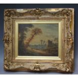 (XVII-XVIII). Italianate wooded landscape with figures and fortified building, unsigned, oil on