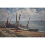 WILLIAM JOSEPH KING (b.1857). Shore scene with beached fishing boats, signed lower right, oil on