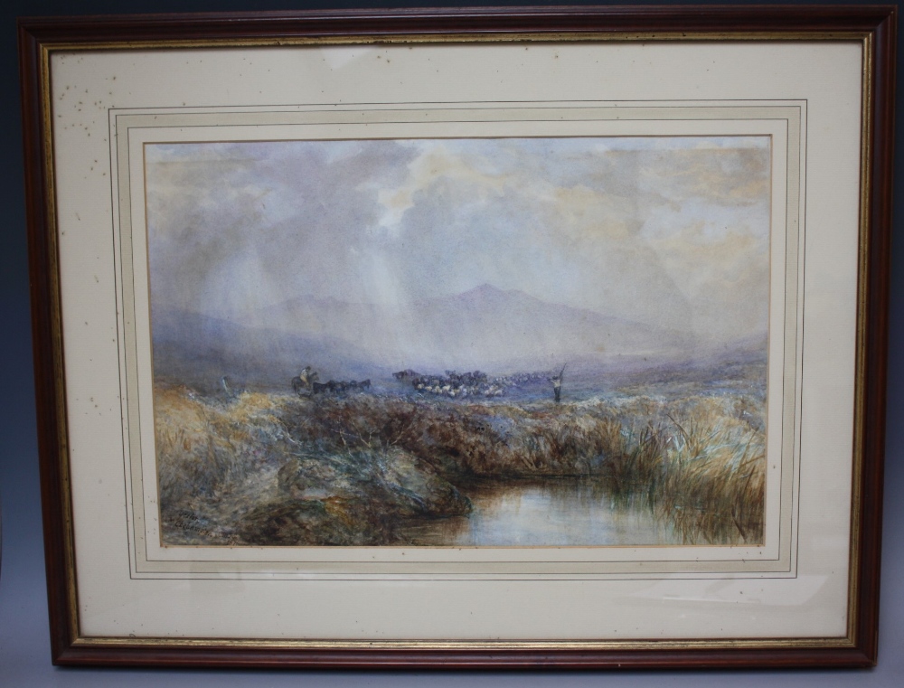 C. M. J. S. A stormy moorland scene with cattle, sheep and drovers 'Yes Tor near Okehampton', signed - Image 2 of 3
