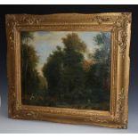 (XIX). French school, see verso, woodland scene with figures, unsigned, oil on canvas laid on board,