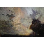 (XIX). Impressionist stormy wooded landscape, unsigned, oil on canvas, framed, 66 x 80 cm