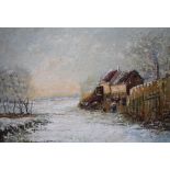 (XIX-XX). Impressionist Winter wooded river landscape with figure before a mill cottage, signed