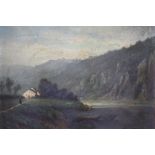 HENRI JOSEPH FERDINAND PIERON (1856-1912). Mountainous river landscape with figure and cottage 'La