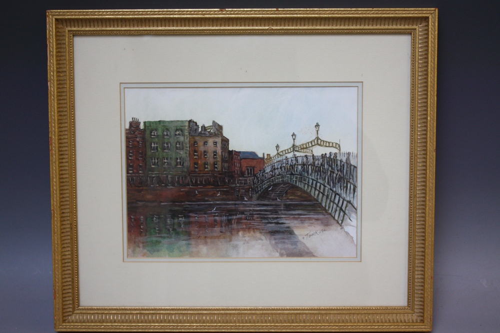 TOMKUS (XX). Dublin scene with numerous figures crossing a bridge over the River Liffey, signed - Image 2 of 4