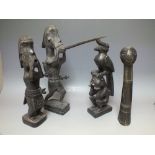 A COLLECTION OF FOUR CARVED HARDWOOD TRIBAL FIGURES, of varying figural and animal form, tallest H