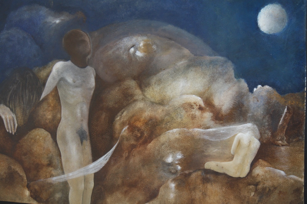 C. FINN (XX). Modernist study of male and female nudes in a landscape, signed lower left, gouache on