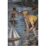 E.M.M.T. Modern British school, study of children paddling and playing with toy sail boats, signed