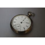 AN ILLINOIS WATCH CO. WHITE METAL POCKET WATCH, the white ceramic dial with Roman numerals, outer