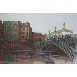 TOMKUS (XX). Dublin scene with numerous figures crossing a bridge over the River Liffey, signed