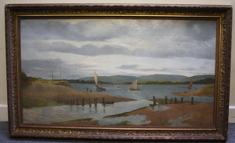 W.E. COOKE. Estuary scene at Exemouth with figures and sailing vessels, signed and dated 1898 - Image 2 of 4