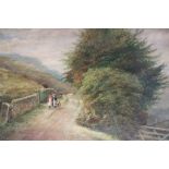 (XIX). Mountainous wooded landscape with two young girls on a path, unsigned, oil on canvas, framed,