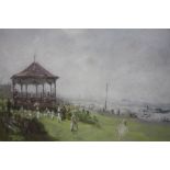BERNARD ?; Coastal town scene with figures, band, bandstand and boats, indistinctly signed and