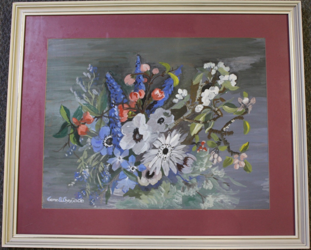 (XX). Irish school, still life study of flowers on a branch, indistinctly signed lower left, gouache - Image 2 of 3