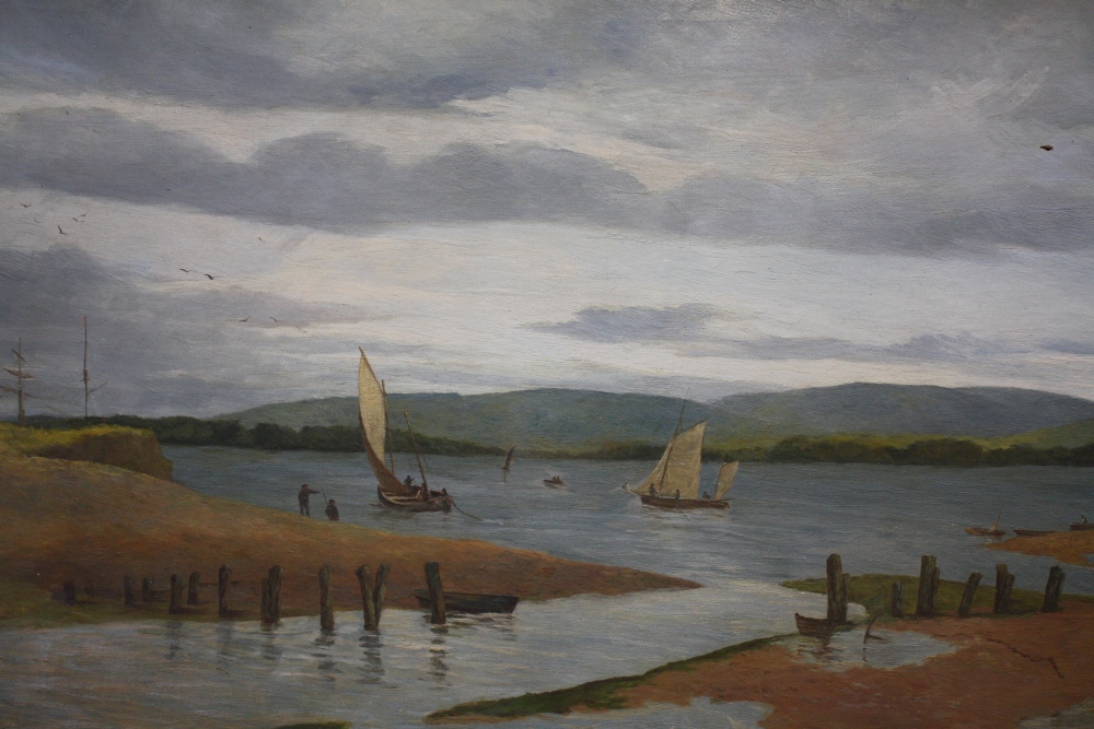 W.E. COOKE. Estuary scene at Exemouth with figures and sailing vessels, signed and dated 1898