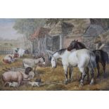 EDWARD BENJAMIN HERBERTE (1857-1893). Farmyard scene with horses, cows, pigs and donkey, signed