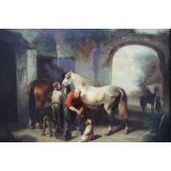 (XX). Study of a blacksmith, horses, figures and a dog in a farmyard, unsigned, oil on board,