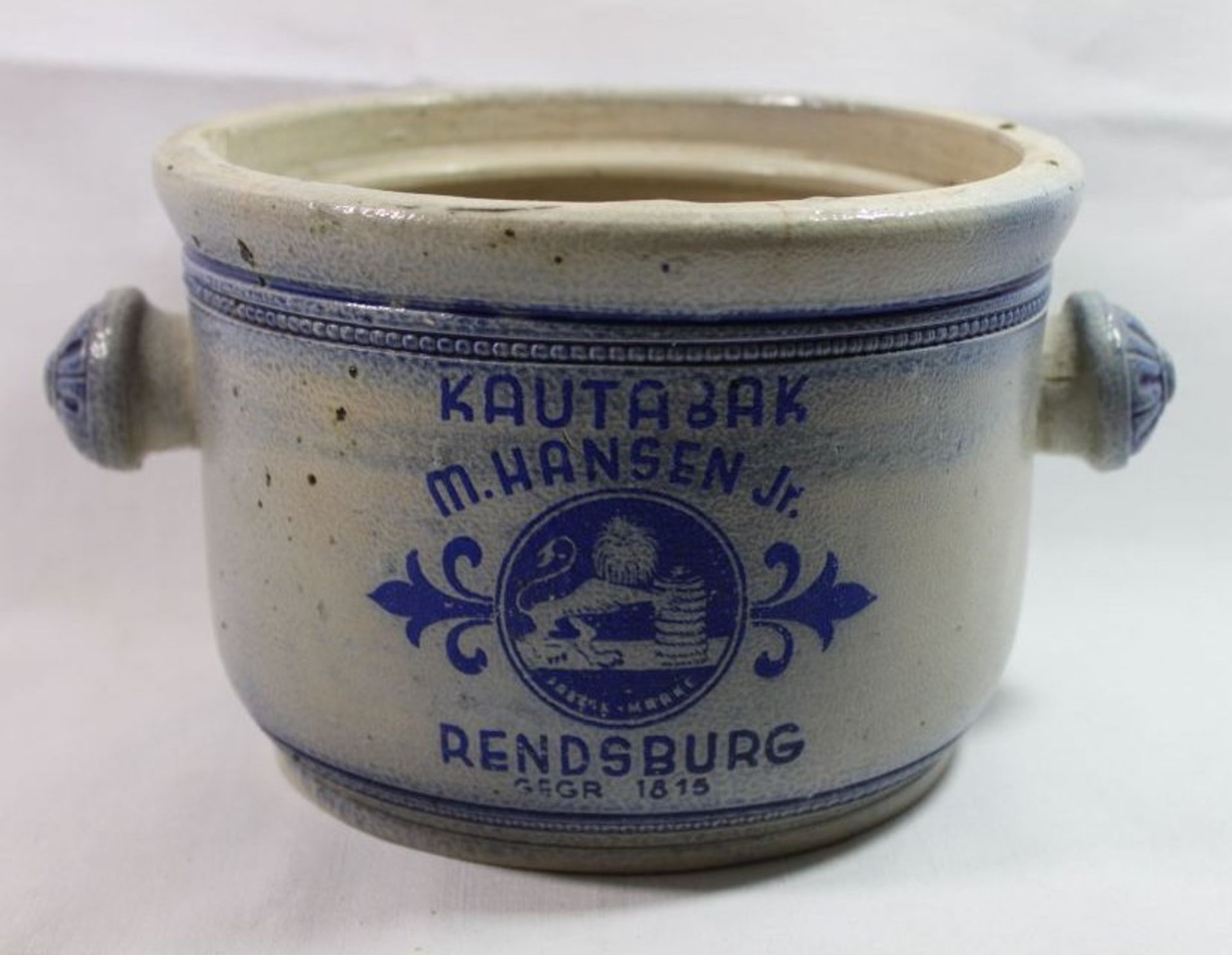 Kautabak-Topf, M. Hansen Jr. Rendsburg, Deckel fehlt, innerer Rand mit Abplatzer, H-13cm D-19cm.