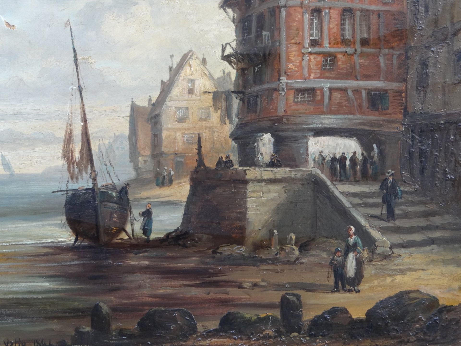 E.Valin, 1881 "Hafenstadt", Öl/Leinen, doubliert, ein Loch mittig links, 65x54 c - Image 3 of 8