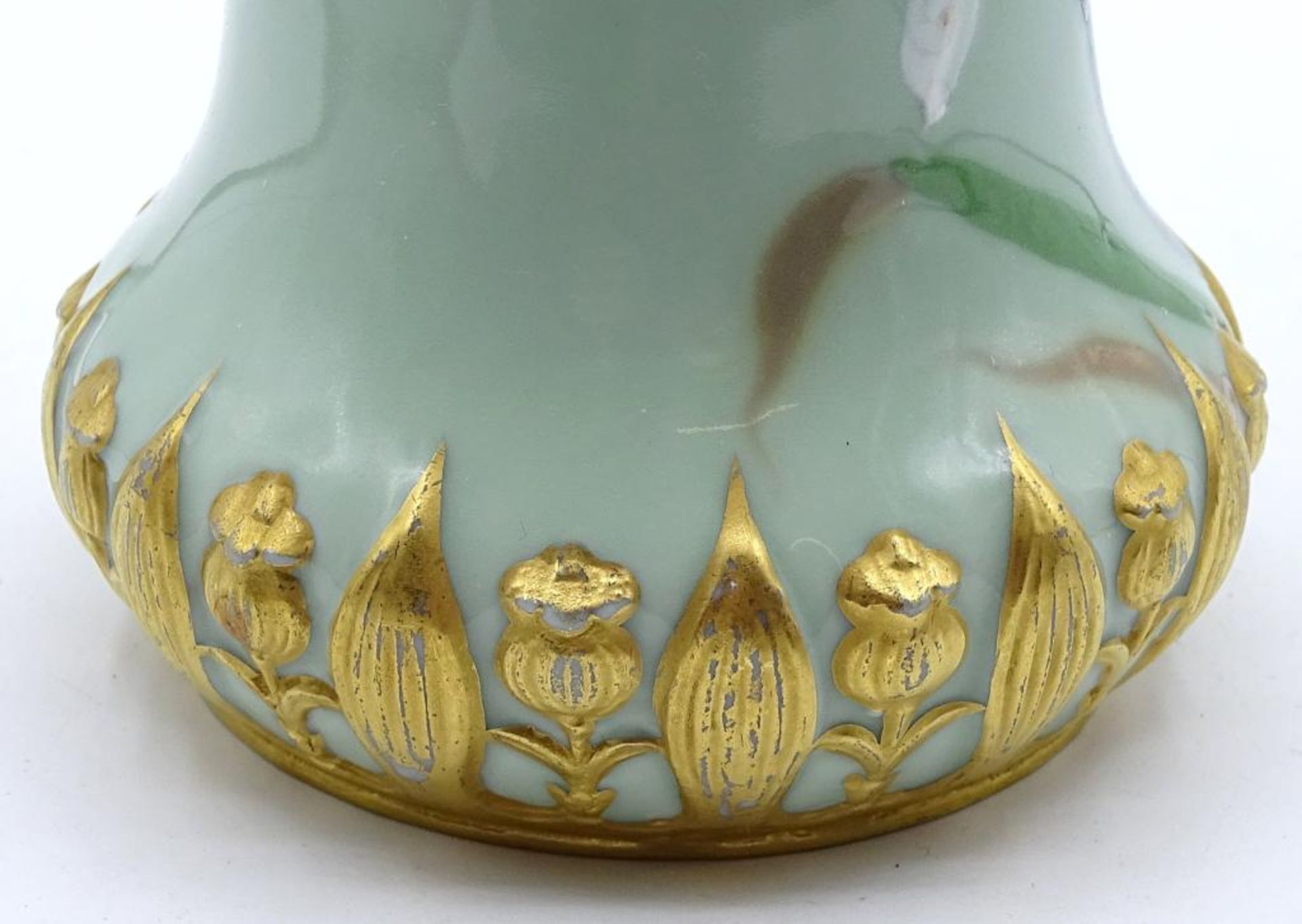 Jugendstil Vase "Pâte-sur-pâte",Florales Dekor,Goldbemalung,berieben,H-17,5 - Bild 5 aus 5