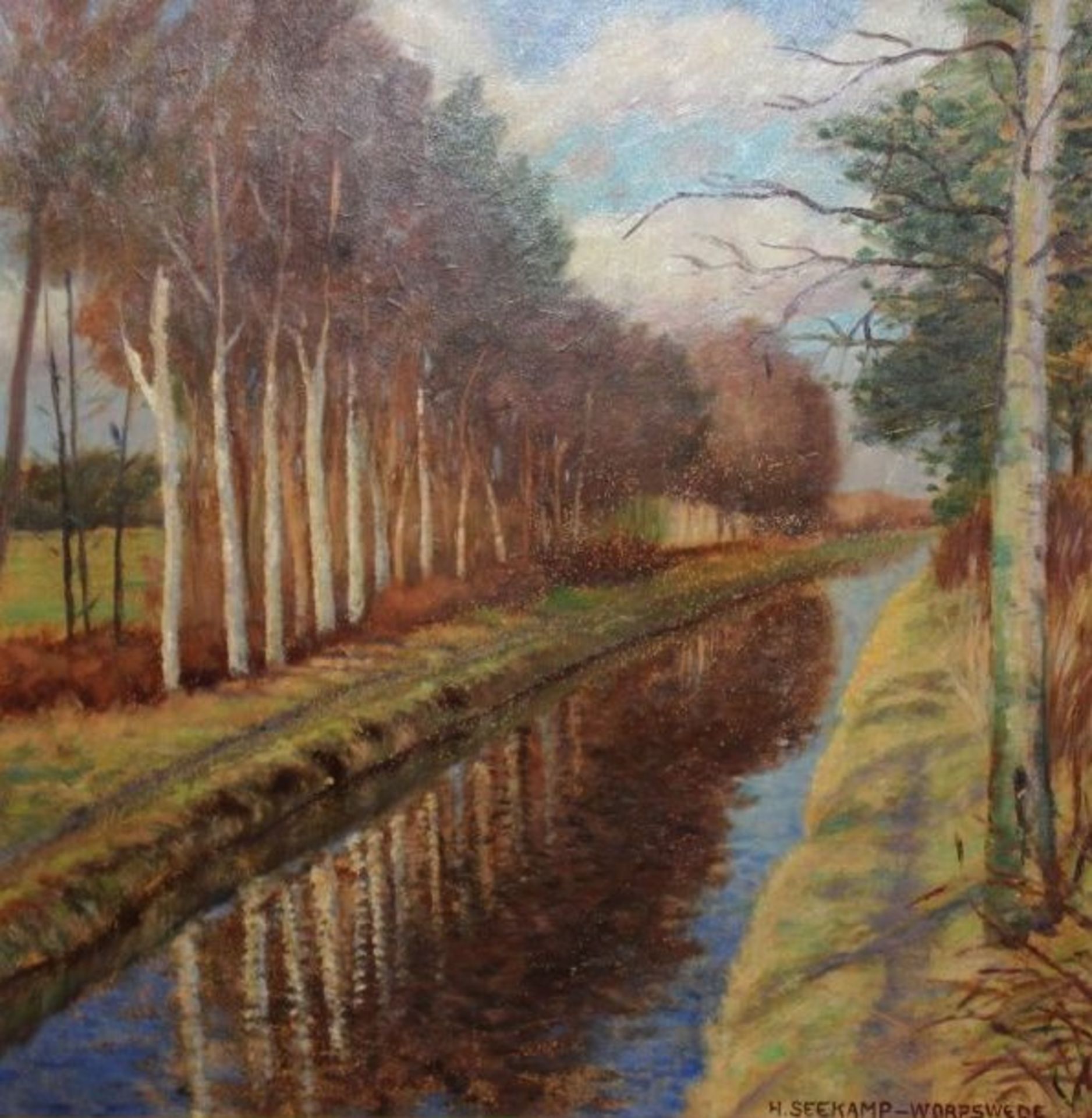 Hermann SEEKAMP (1881-1936), Worpswede, "Birken am Fluss", Öl/Hartfaser, restaurierungs bedürftig,