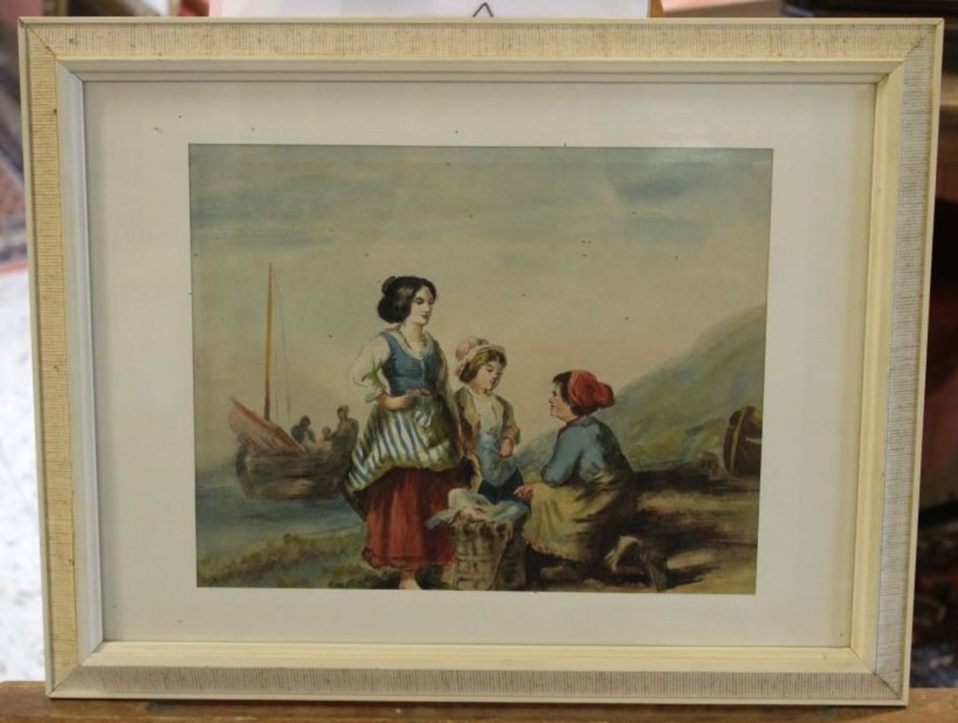 Fischerfrauen am Ufer, Aquarell, älter, verso undeutl. bezeichnet, ger/Glas, RG 35 x 44cm. - Bild 4 aus 4