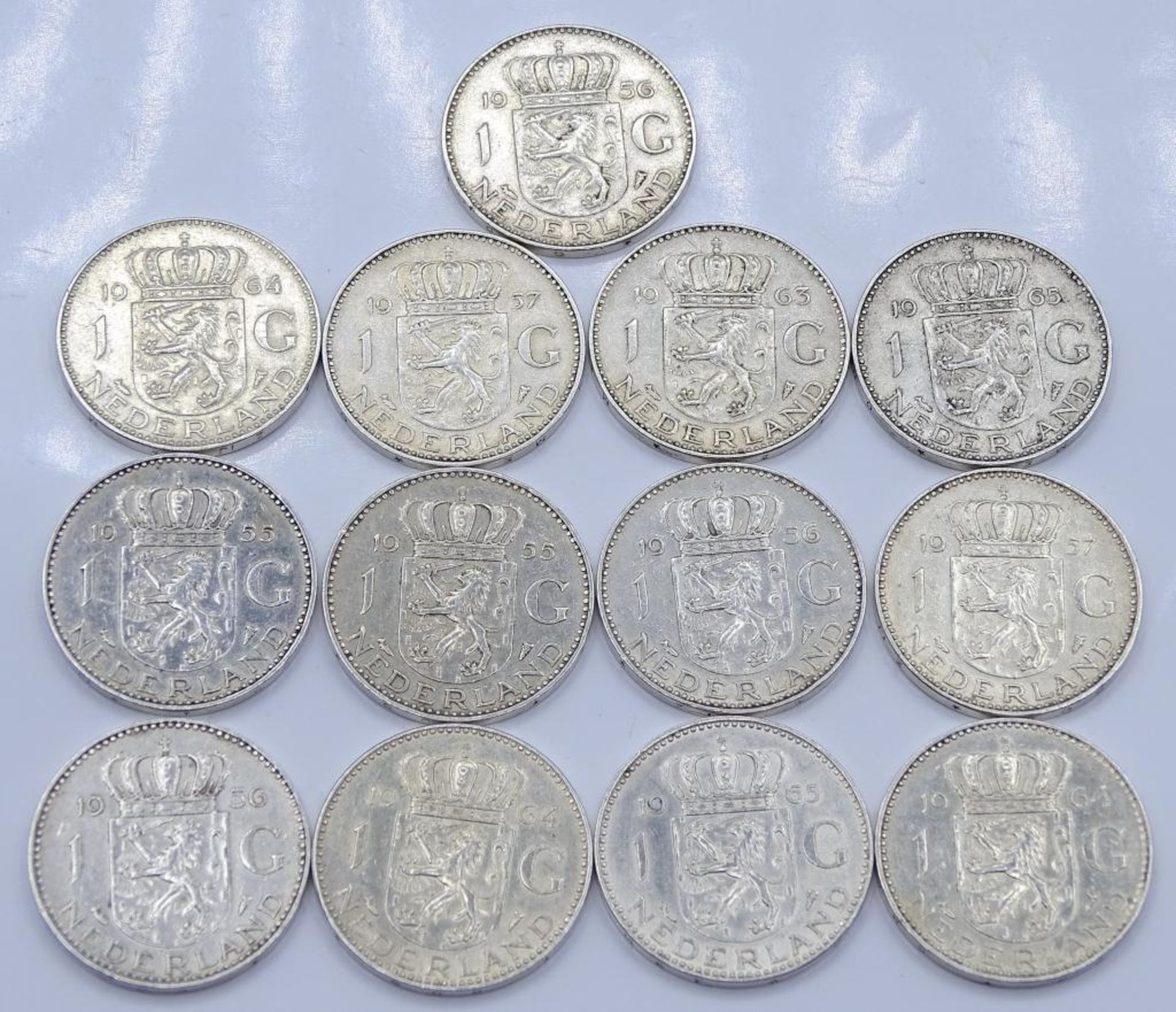 13x 1 Gulden,Niederlande,Silber,1955-1965,zus.83,9gr.