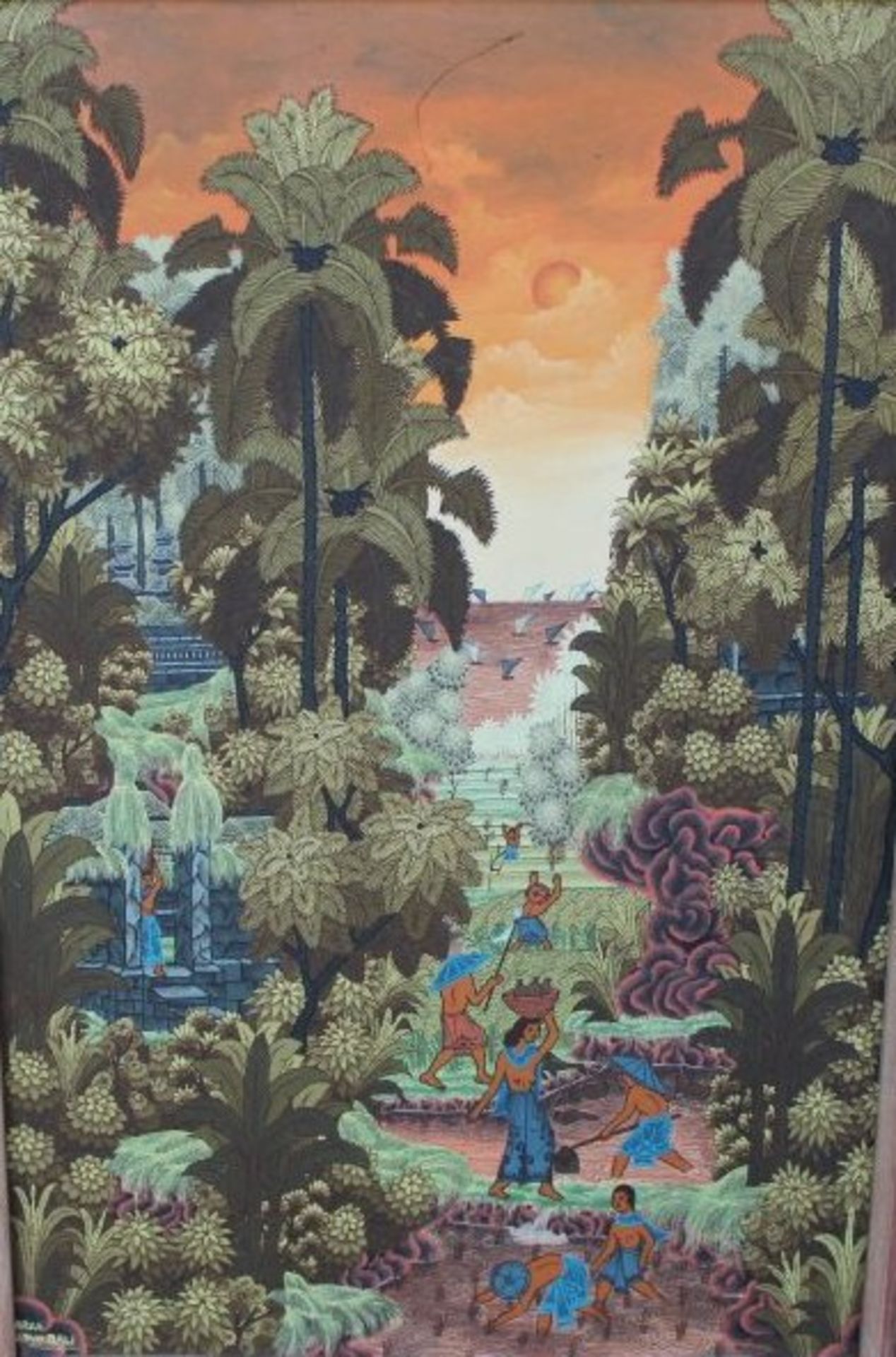 J. Arka, Ubud, Bali "Landschaft", Mischtechnik auf Leinen, beschnitzter Rahmen, RG 70x50 cm