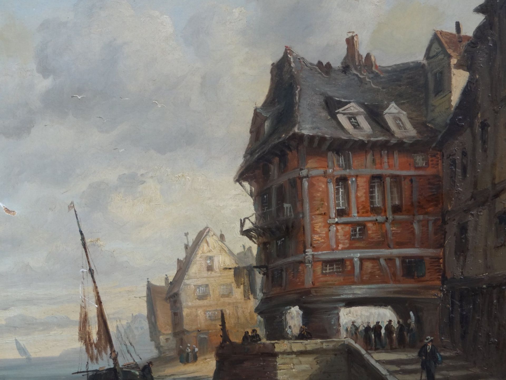 E.Valin, 1881 "Hafenstadt", Öl/Leinen, doubliert, ein Loch mittig links, 65x54 c - Bild 4 aus 8