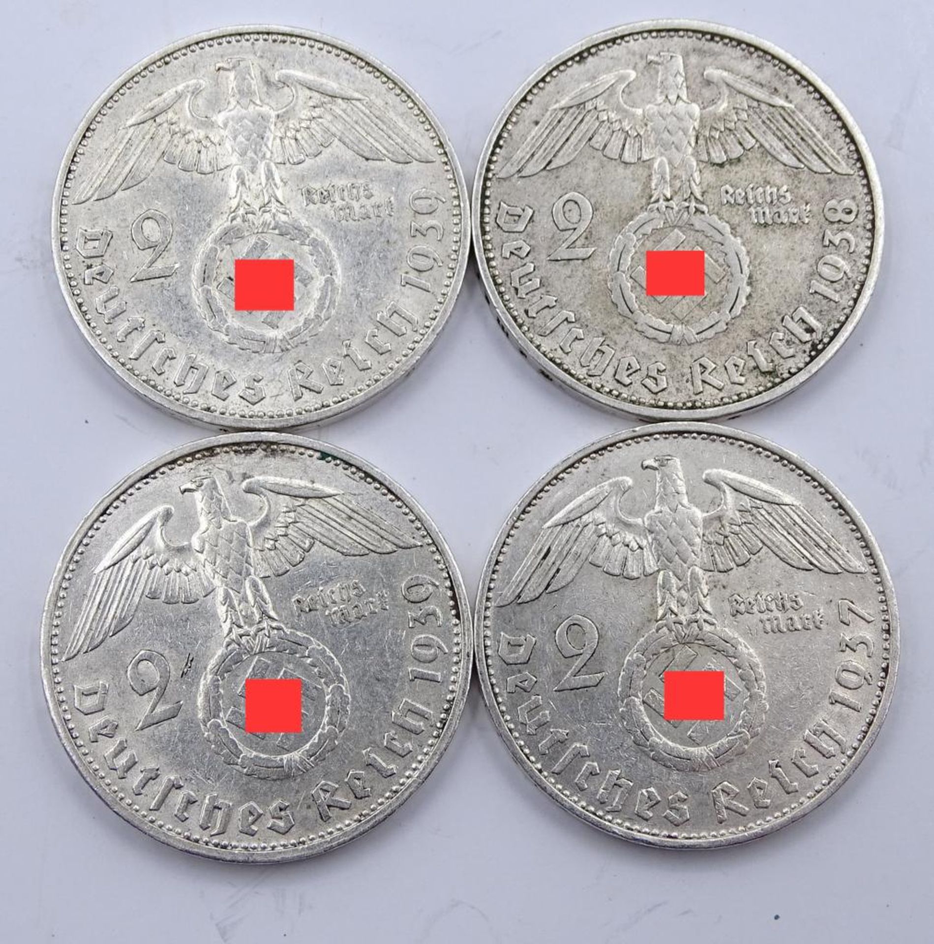 4x 2 Reichsmark, 1937,1938,1939,Deutsches Reich,zus.31,8gr.