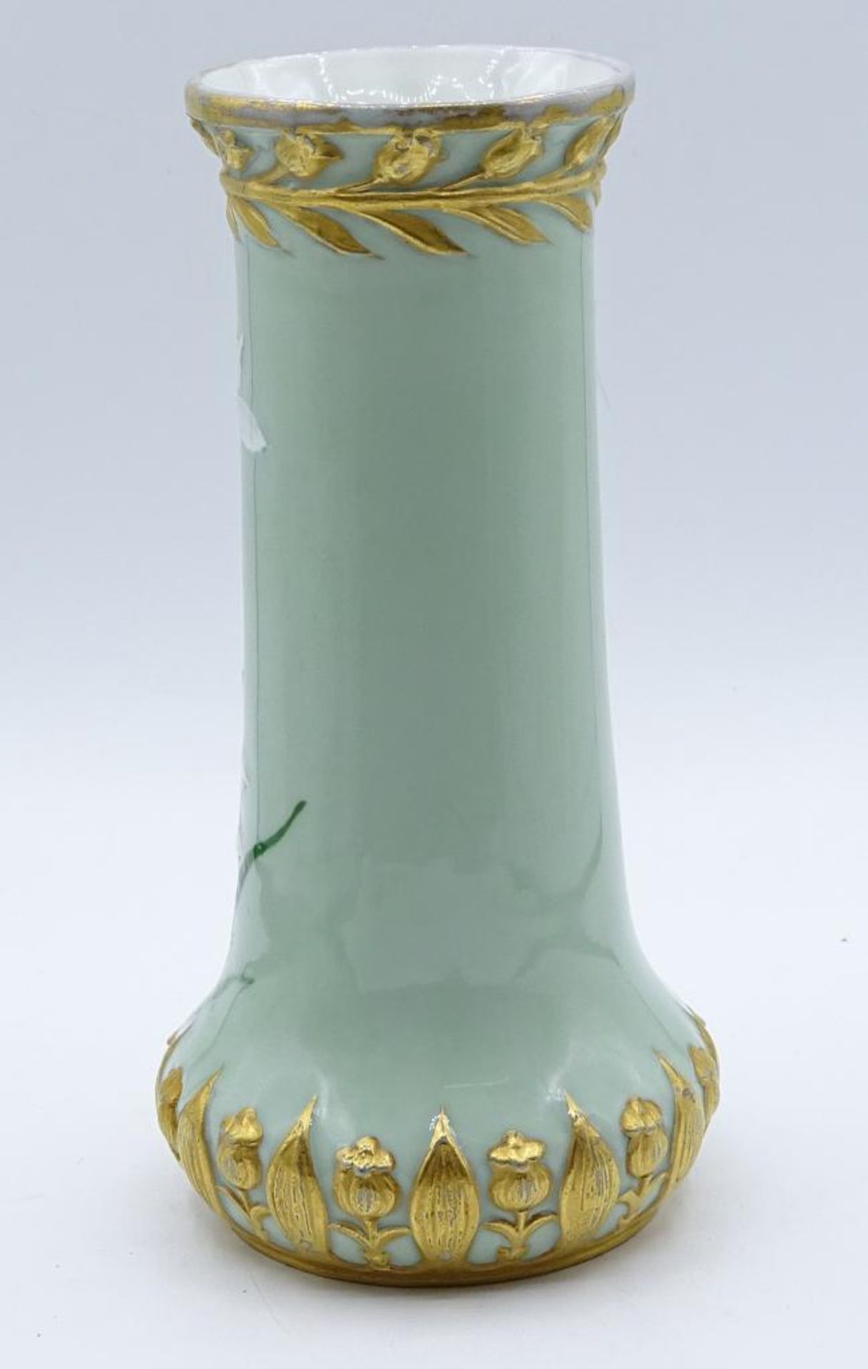 Jugendstil Vase "Pâte-sur-pâte",Florales Dekor,Goldbemalung,berieben,H-17,5 - Bild 3 aus 5