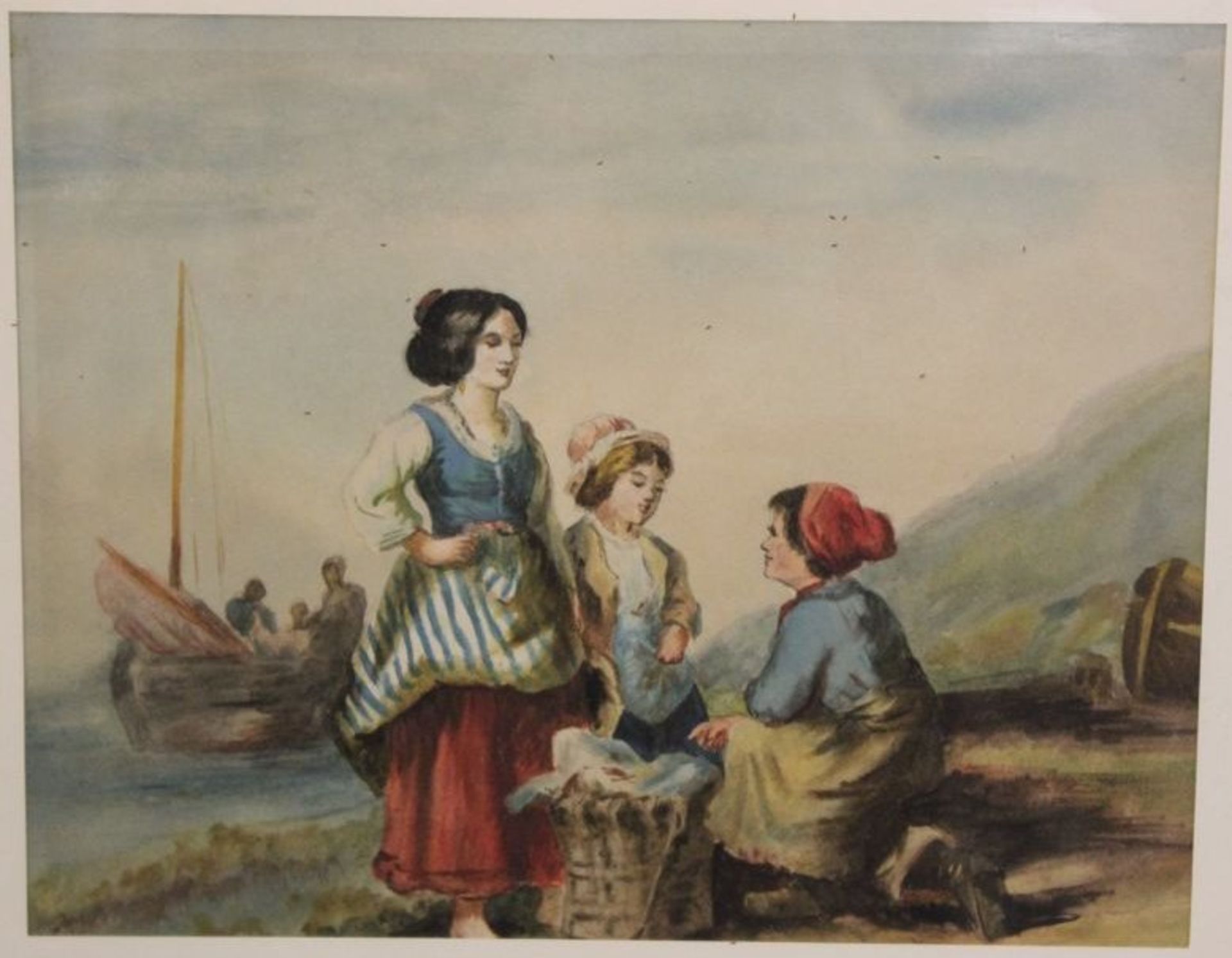 Fischerfrauen am Ufer, Aquarell, älter, verso undeutl. bezeichnet, ger/Glas, RG 35 x 44cm.