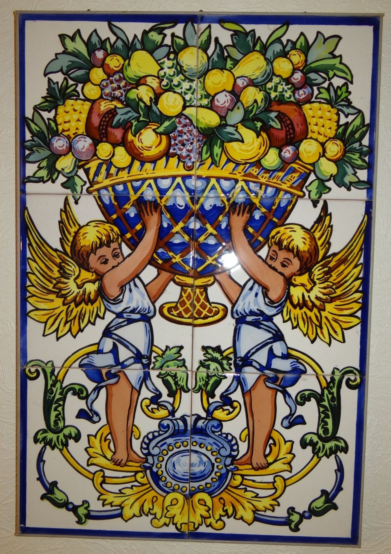 grosses Fliesenbild mit Putti und Früchtekorb, 60x40 c - Bild 2 aus 2