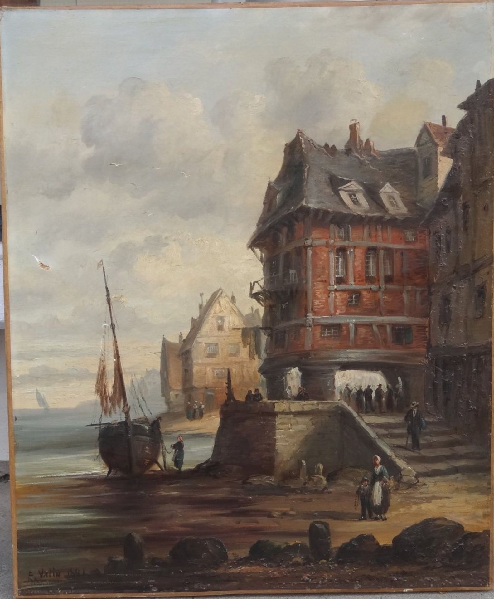 E.Valin, 1881 "Hafenstadt", Öl/Leinen, doubliert, ein Loch mittig links, 65x54 c - Bild 2 aus 8