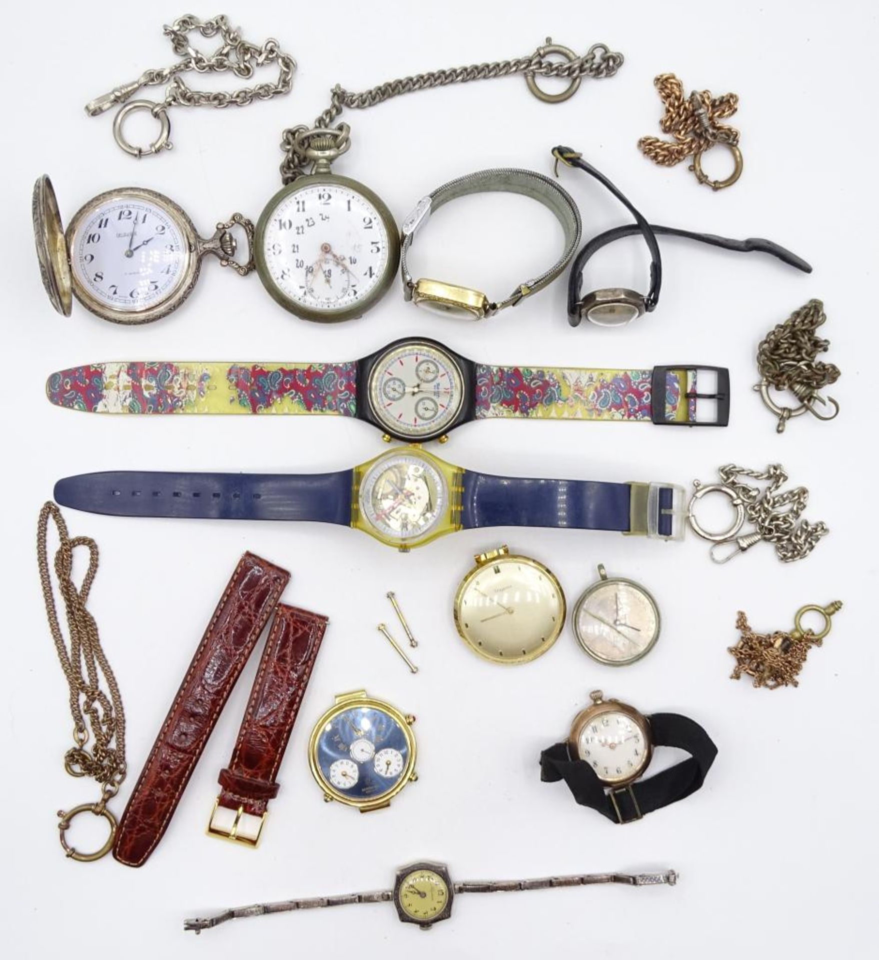 Konvolut Armbanden,Taschenuhren und Uhrenketten,u.A.Raymond Weil