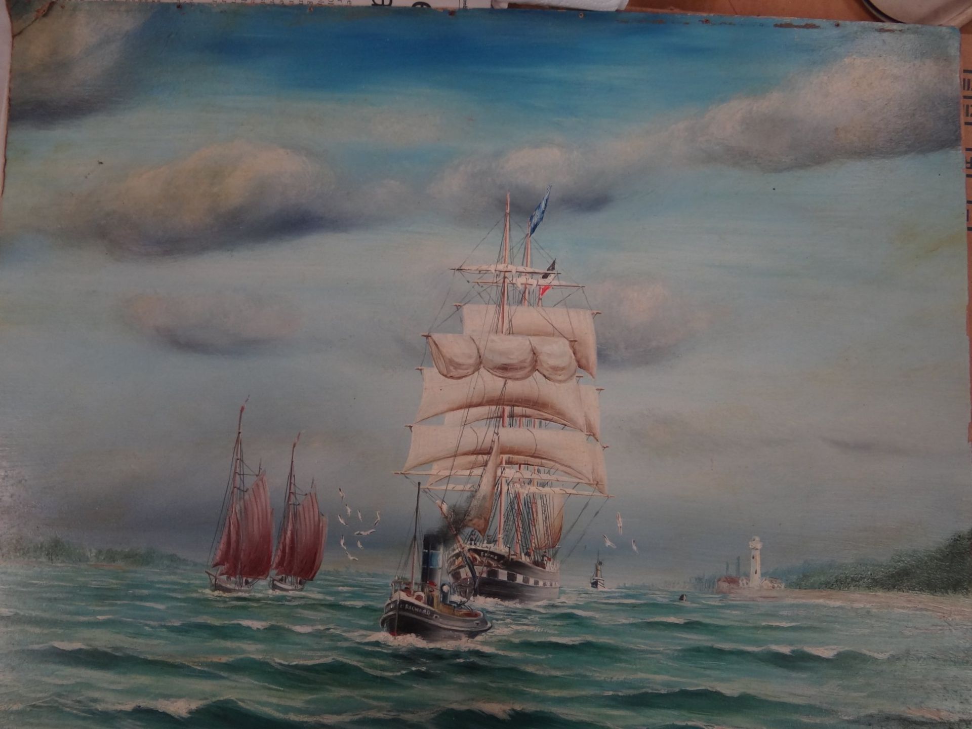 anonymes Segelschiff vor Küste, Öl/Malfaser, eine Ecke geknickt, 42x55